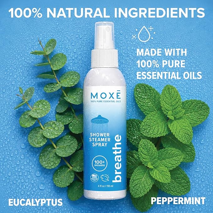 MOXE Breathe Shower Mist, Eucalyptus and Peppermint, Spa Steam Spray, Certified Natural 100% Essential Oils, Made in USA, Aromatherapy, Sinus Congestion Relief, Tension Relief, 4 Ounces (1 Pack)
