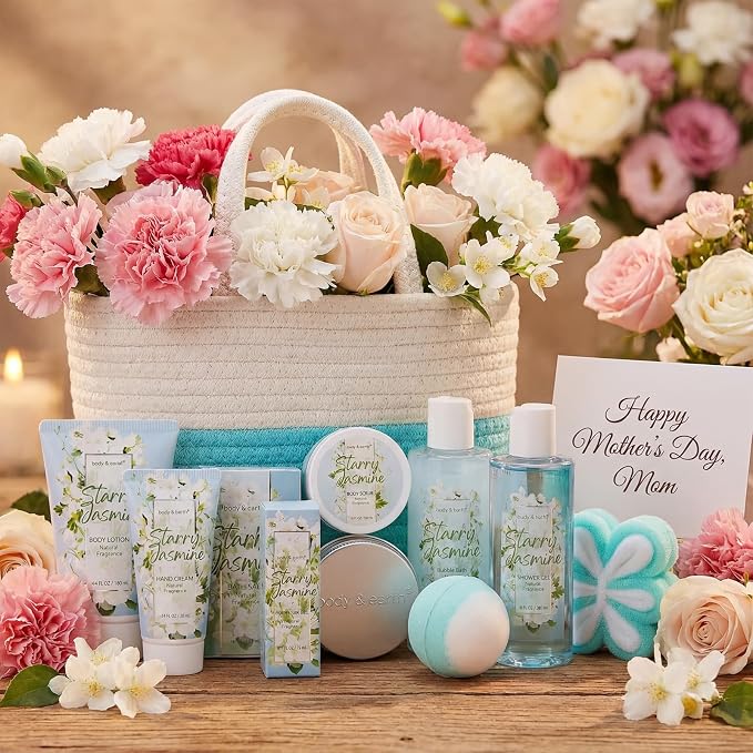 Body & Earth Gift Baskets for Women 11PCS Jasmine Spa Gift Sets for Her, Self Care Kit with Bubble Bath, Shower Gel, Lotion Set, Mothers Day Gifts for Mom