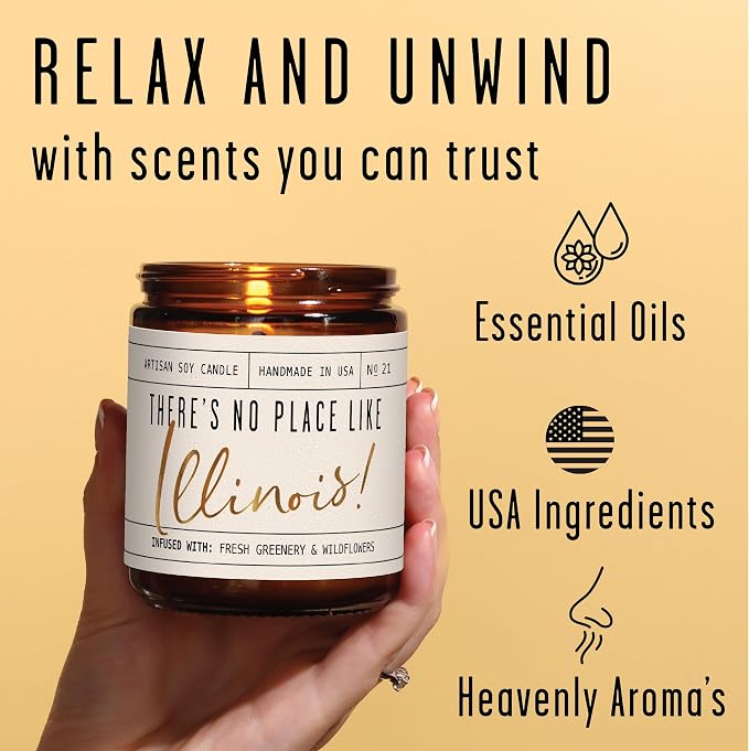 Illinois Gifts, Illinois Decor for Home - 'There's No Place Like Illinois Candle, w/Greenery, Ozone & Wildflowers I Illinois Souvenirs I Illinois State Gifts I 9oz Jar, 50Hr Burn, USA Made
