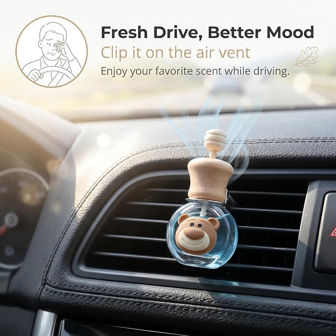 2 Pack Bear Refillable Car Vent Clip Diffuser Empty Glass Bottle | Wood lid aroma bottle with dropper, holds essential oils for car wardrobe home bathroom use