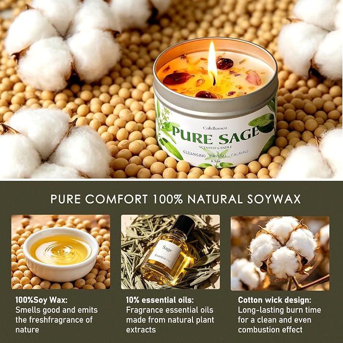 Pure Sage Candle for Cleansing - 4Pc Soy Scented Candle with Crystals & Sage Leaves Inside, House Negative Energy Kit, Spiritual Gift for Women