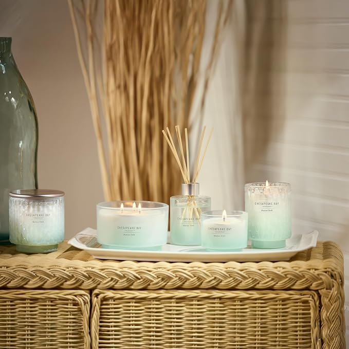 Chesapeake Bay Mood-Evoking Reed Diffuser, Marine Drift Scent, Sea Glass-Inspired Jar, Room Filling Fragrance Made with Essential Oils, Coastal Fragrance for Home Décor or Gifting