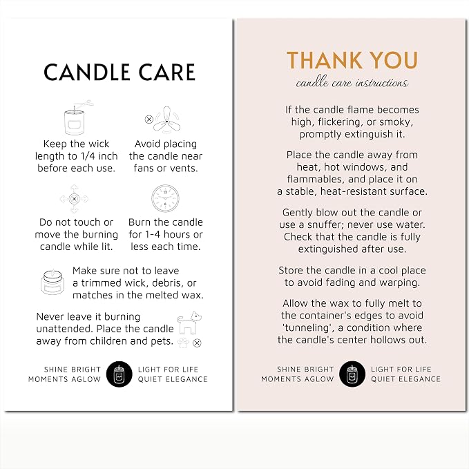 200 pack - Premium Handmade Candle Care Instruction Cards White 2x3.5 in, Small Business | Soy Bees Wax Melt, Candle Makers, Making Supplies Kit Set, Containers, Jars, Pot, Package