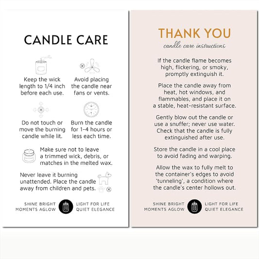 100 pack - Premium Handmade Candle Care Instruction Cards White 2x3.5 in, Small Business | Soy Bees Wax Melt, Candle Makers, Making Supplies Kit Set, Containers, Jars, Pot, Package