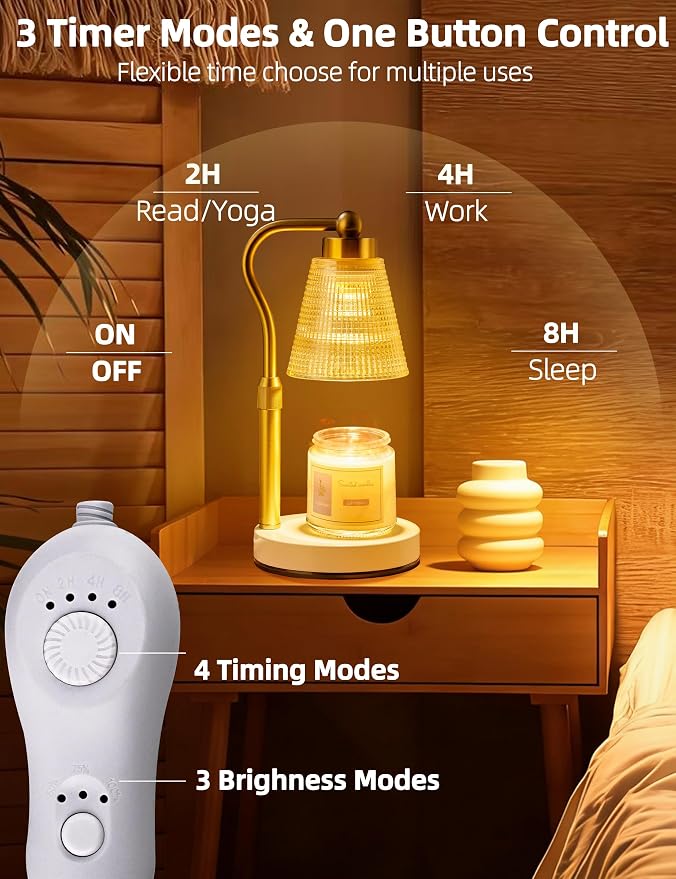 Candle Warmer Lamp for Jar Candles, Height Adjustable & Dimmable with 2/4/8H Timer, 2*50W Halogen Wax Melter Warmer for Home Office Décor, Flameless & Smokeless, Gift for Women Mom,Gold- Amber/1 Pack