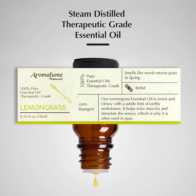 AROMAFUME Lemongrass Essential Oil - 100% Natural, Therapeutic Grade Essential Oils - Pure, Citrusy Aromatherapy Oil for Home Diffusers - Gifts for Her - 10ml