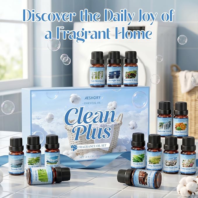 Clean Essential Oils Set - 14Pcs Clean Fresh Scent Fragrance Oil Blend for Diffuser, Soap & Candle Making