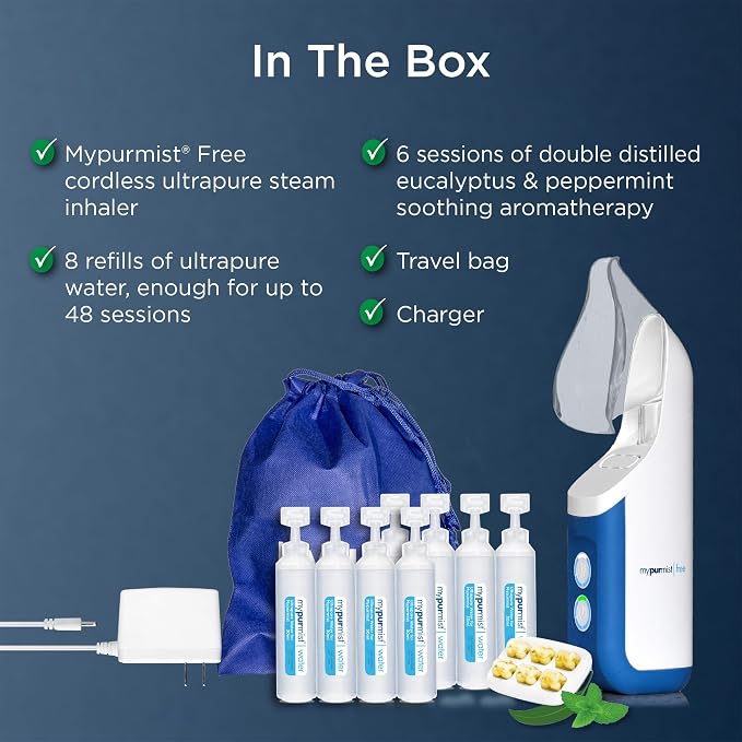 Mypurmist Free Premium Kit – Cordless Steam Inhaler with Water Refills, ScentPad, and Handsfree Strap – Personal Steamer Vaporizer Humidifier for Sinus Relief, Nasal Congestion, Cold