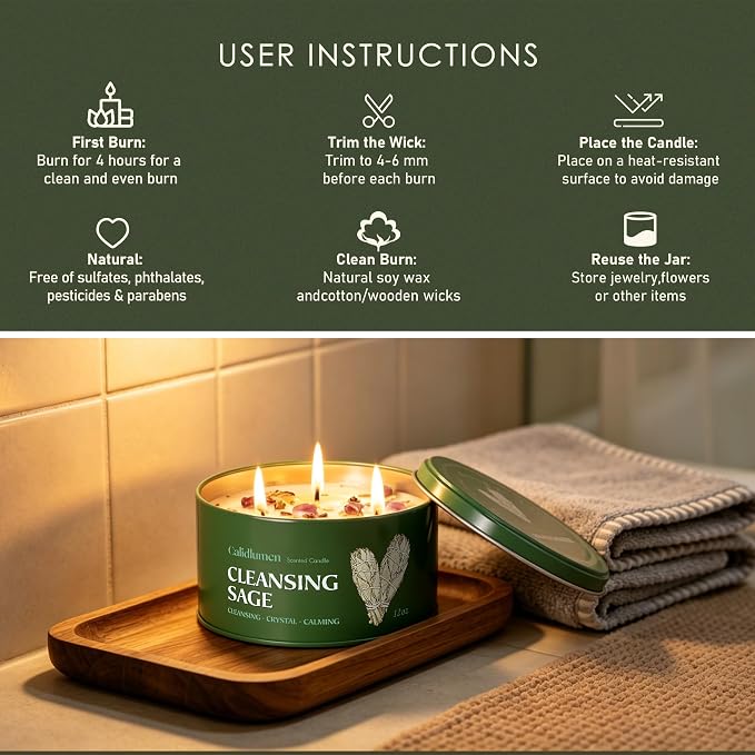 Sage Candle for Cleansing - 3 Wick 12 oz Soy Candle with Crystal and White Sage Crumbles, Organic Sage Candles Cleansing House Negative Energy