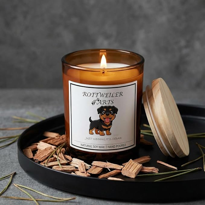 Rottweiler Gifts for Women | Birthday Gifts for Mom | Light When Dog Farts Candle | Cedar By Natural Soy Wax | Pet Safe Friendly Memorial Candles for Home Scented Household Essentials