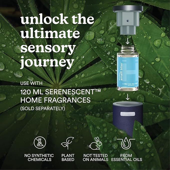 Homedics SereneScent Waterless Essential Oil Diffuser, Cordless Rechargeable Aromatherapy Diffuser for Home, Large Room Scent Machine, Timer, App Control, 6 LED Lights, No Water Needed, Future Dusk