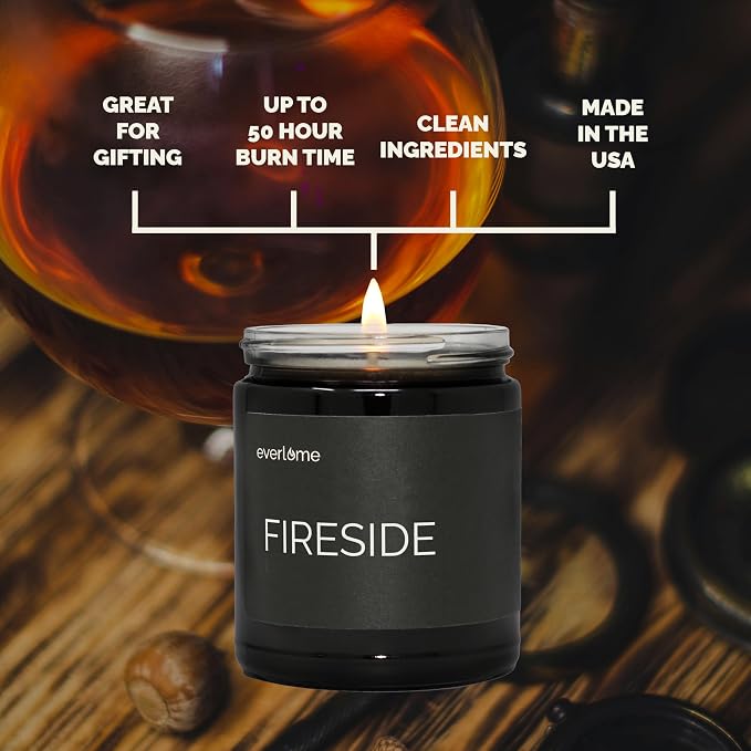 Premium Soy Wax Candle | Highly Scented Black Glass Jar Candles | Long Lasting, Clean Burn | 8 oz | Gifts for Man and Woman | Made in USA (Fireside)