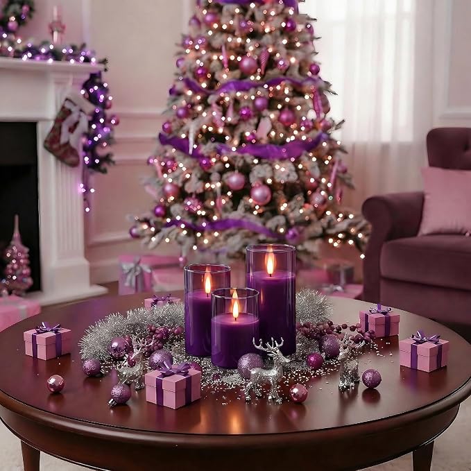 Homemory Purple Glass Flameless Candles, Battery Operated LED Pillar Candles with Remote Control and Timer, Radiance Candles, Real Wax, Set of 3,D3 xH4 5" 6"
