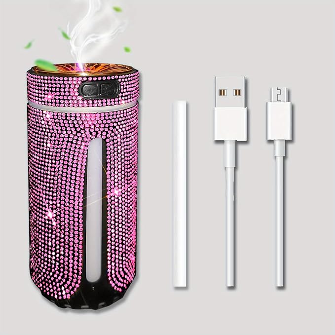 Bling Rhinestone Car Diffuser Humidifier USB Car Essential Oil Car Diffuser Humidifier Aromatherapy Portable Mini Humidifier for Car, Office, Room (Pink)
