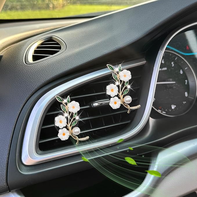 ORIESSE Flowers Car Accessories,2pcs White Daisy Green Leaves Air Vent Clips Car Air Freshener,Flower Car Decor for Women,Girly Refillable Diffuser