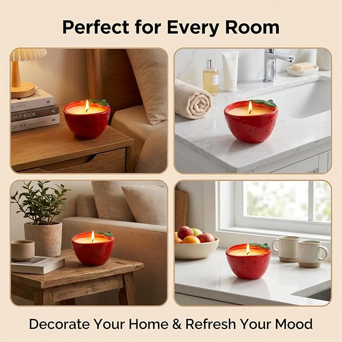Strawberry Scented Candle – 4.23 oz (120g) Natural Soy Wax, 30-Hour Clean Burn, Strawberry-Shaped Ceramic Jar, Home Fragrance & Thoughtful Gift for Home (Red)