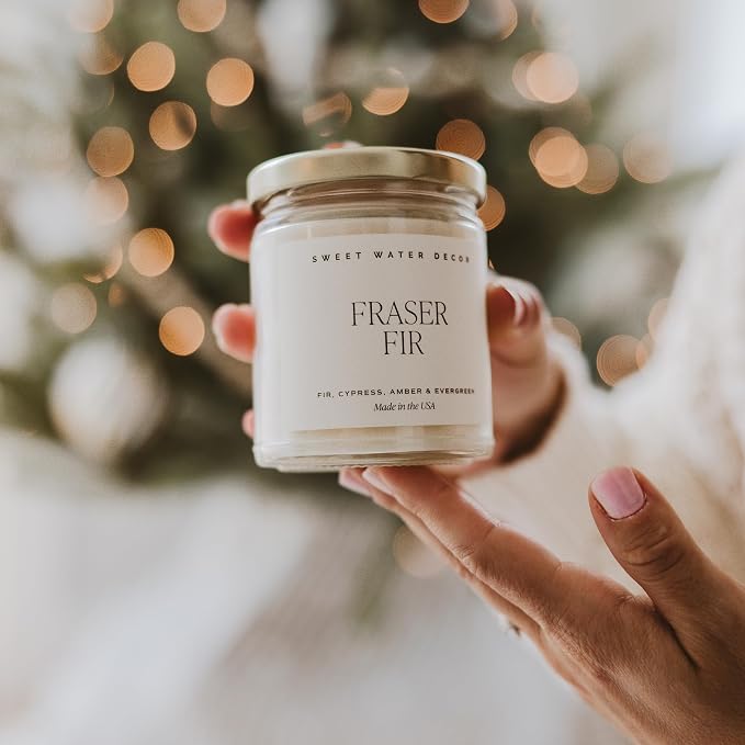 Sweet Water Decor Fraser Fir Candle | Evergreen, Cedar, Balsam, Pine Winter Christmas Tree Scented Soy Candles for Home | 9oz Clear Jar, 40 Hour Burn Time, Made in The USA