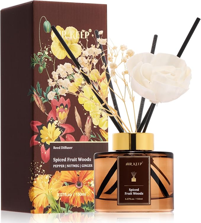 Airkeep Flower Reed Diffuser Set, Spiced Fruit Woods Diffuser Set, 5.07 Fl.oz (150ml), Home Fragrance, Bathroom, Bedroom & Home Décor, Air Freshener