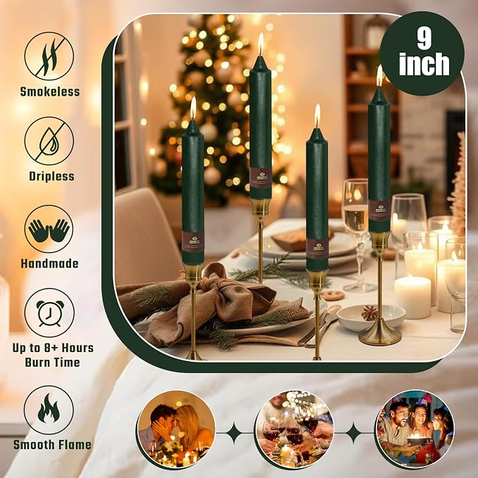 Christmas Hunter Green Candle 9 Inch Tall Smokeless Taper Candles 4 Pack Unscented Dinner Candle for Christmas Festive, Halloween Thanksgiving Day Fall Home Decor