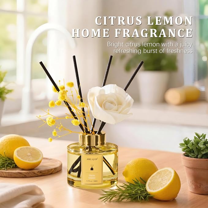 Airkeep Flower Reed Diffuser Set, Citrus Lemon Diffuser Set, 5.07 Fl.oz (150ml), Home Fragrance, Bathroom, Bedroom & Home Décor, Air Freshener