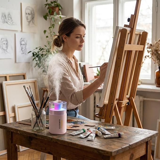 Mini 2-in-1 Humidifier & Aroma Diffuser, 7-Color LED Light, USB Portable, 4/8H Timer, Auto Shut-Off, Ideal Personal Gift/Family/Friends/Loved Ones (pink, 2.8 * 3.2 * 4.7)