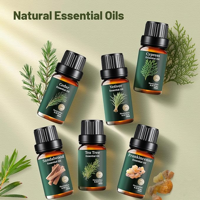 Woody Essential Oils Set, Pure Sandalwood Cedarwood Tea Tree Cypress Frankincense Vetiver – Natural Aromatherapy for Diffuser, Meditation, Candle & Soap Making – 6x10ml