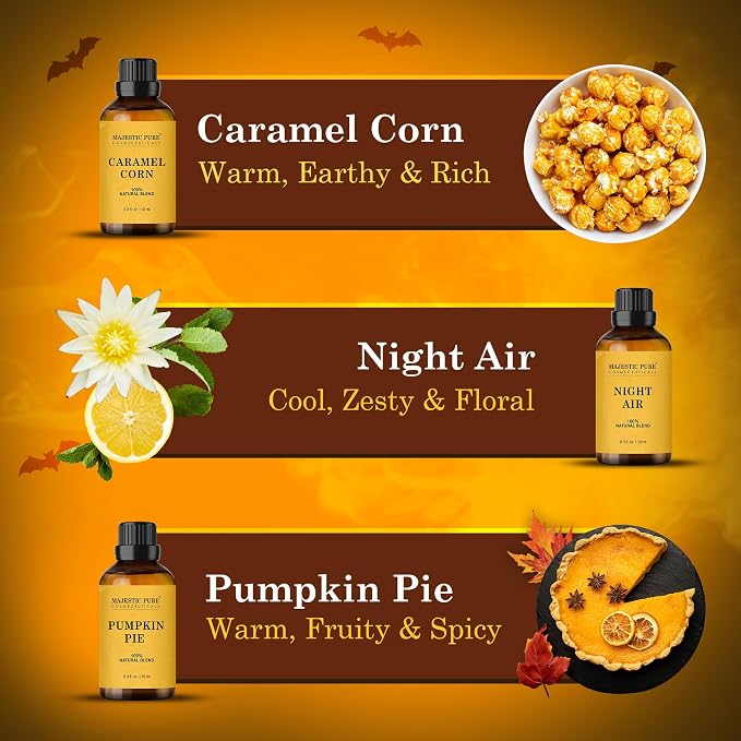 MAJESTIC PURE Essential Oil Blends Gift Set, 100% Pure & Natural Halloween Collection - Autumn Wreath, Pumpkin Pie, Candy Corn, Marshmallow, Night Air, Caramel Corn - 2 Fl oz