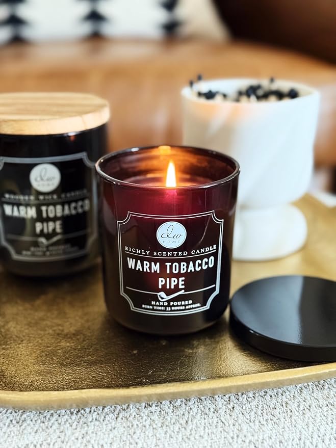 DW Home Warm Tobacco Pipe Scented Candles, 9 oz Single Wick Medium Jar, Up to 33 Hour Burn Time, Hand-Poured, Strong Long Lasting Woodsy Fragrance, Gifts for Men & Women