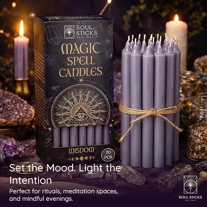 SOUL STICKS Wisdom Magic Spell Chime Taper Candles 20 Pack - Ideal for Altar, Rituals, Ceremonies, Meditation Grey Tapered Candle for Witchcraft Supplies, Wiccan Supplies, Candles Clearance