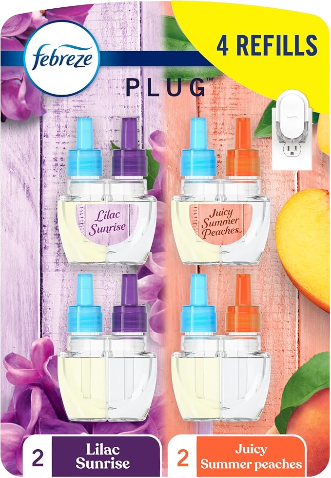 Febreze Plug In Air Freshener, Odor-Fighting Scented Oil Refill, Air Fresheners for Home and Bathroom and Kitchen, Long Lasting for Strong Odors, Lilac and Peach Scent, 0.87oz Refills, 4 Count