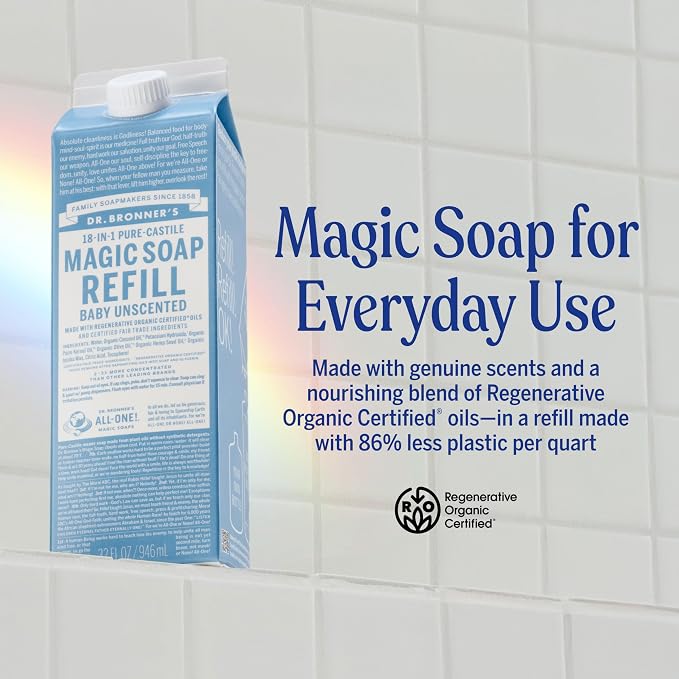 Dr. Bronner's Pure-Castile Liquid Soap Refill - Made with Regenerative Organic Certified Oils, 86% Less Plastic - 18-in-1 Uses, For Face, Body Wash, Hand Soap Refill & More - Baby Unscented, 32oz