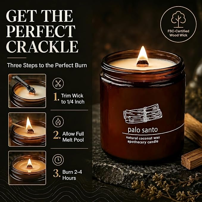Hemlock Park Palo Santo Apothecary Scented Candle | Crackling Wood Wick, Botanical Fragrance & Coconut Apricot Wax | Up to 80 Hour Burn Time | 16 oz | Made in USA