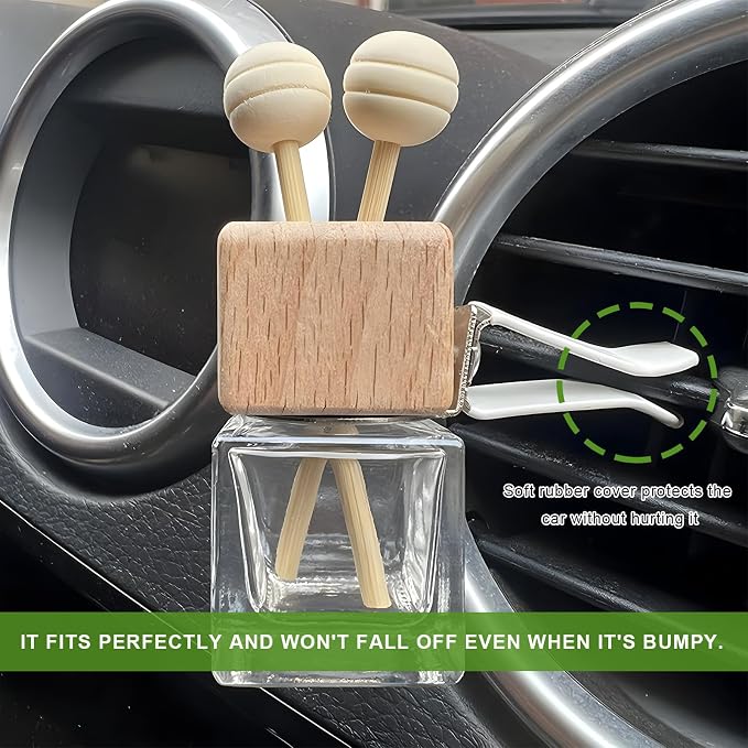 4PCS Car Diffuser Air Freshener Bottle, Refillable Empty Perfume Diffuser Vent Clip with Wooden Cap, Universal Essential Oil Glass Bottle Fragrance Ornament for Most Vehicles