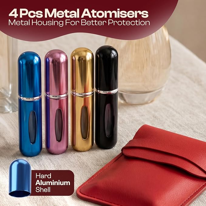 5ml Travel Perfume Bottle Refillable Atomizer Sprayer for Perfume,Leakproof Perfume Atomizer Travel, Portable Refillable Perfume Bottles, (Blue, Black, Pink, Gold + Leather Pouch)