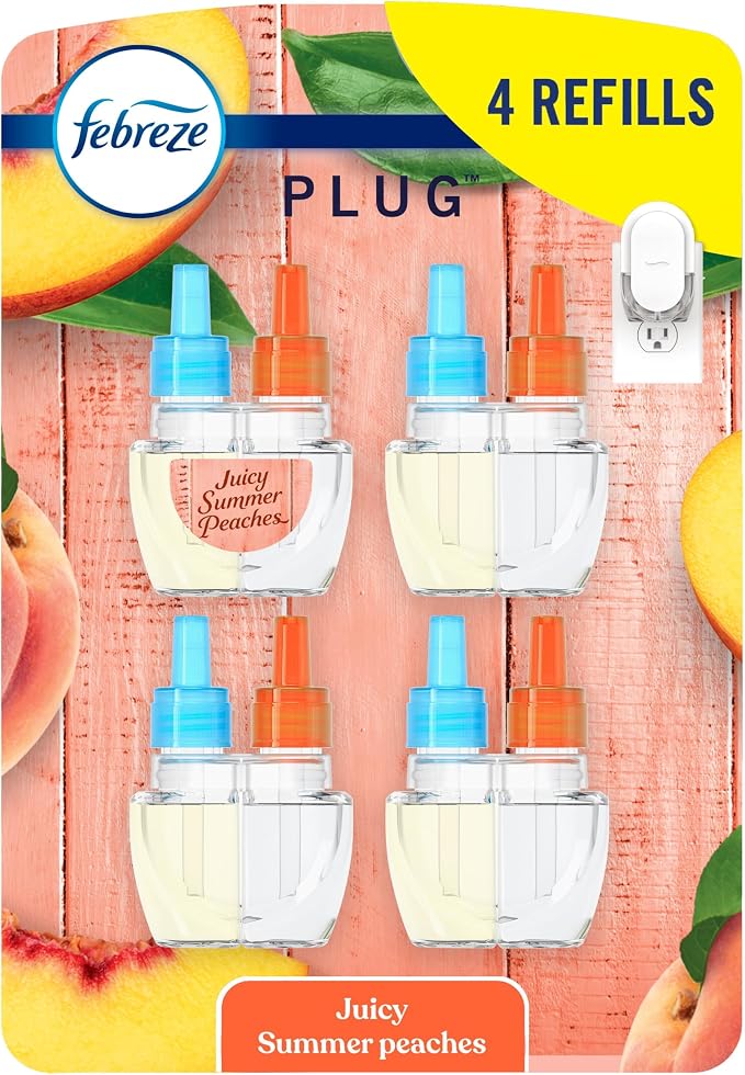 Febreze Plug In Air Freshener, Odor-Fighting Scented Oil Refill, Air Fresheners for Home and Bathroom and Kitchen, Long Lasting for Strong Odors, Juicy Summer Peaches Scent, 0.87oz Refills, 4 Count