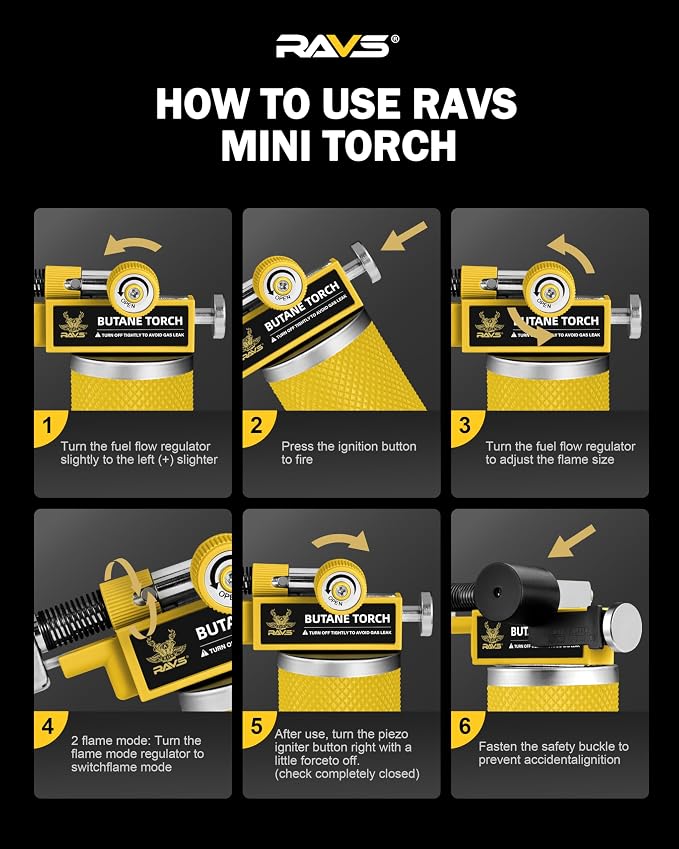 RAVS DUAL Flame Mode Butane Torch Lighter, Refillable Kitchen Torch, Metal Body Blow Torch for Baking with Adjustable Flame & Safety Buckle, Yellow Mini Torch Soldering Torch, Butane Gas Not Included