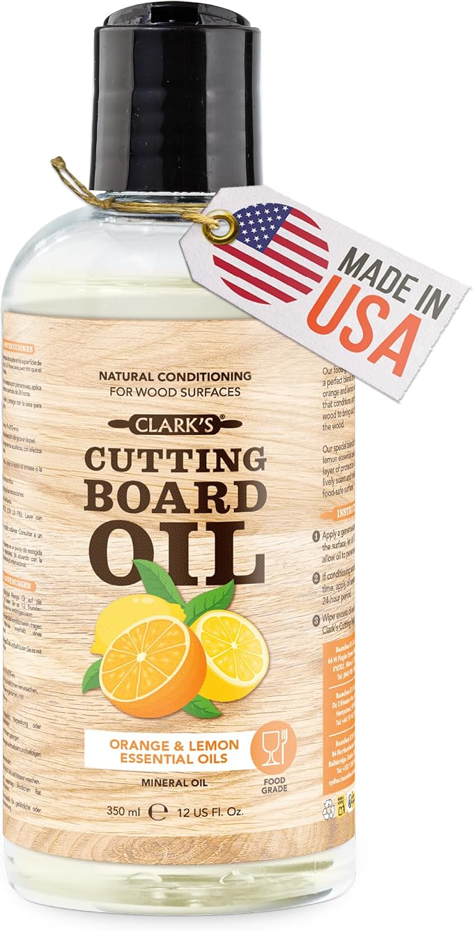 CLARK'S Cutting Board Oil - Food Grade Mineral Oil for Cutting Board - Enriched with Lemon and Orange Oils - Butcher Block Oil and Conditioner - Mineral Oil - Restores and Protects All Wood - 12oz