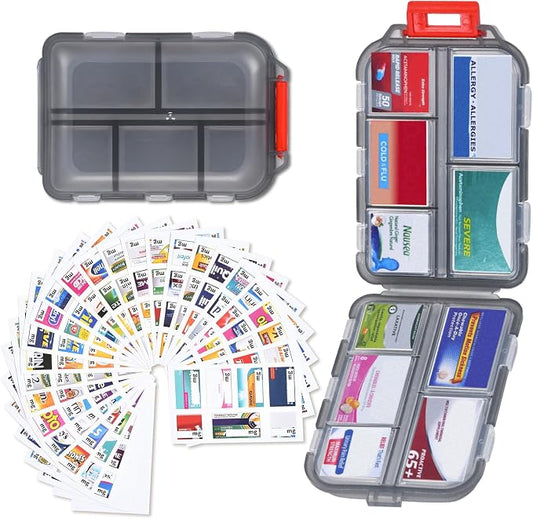 Large Pill Organizer with 189 Labels, 10 Compartments Travel Medicine Kit Travel Medicine Organizer Pocket Pill Case Travel Pill Box Travel Pill Organizer for Purse Vacation Essentials (Gray, 1 Pack)