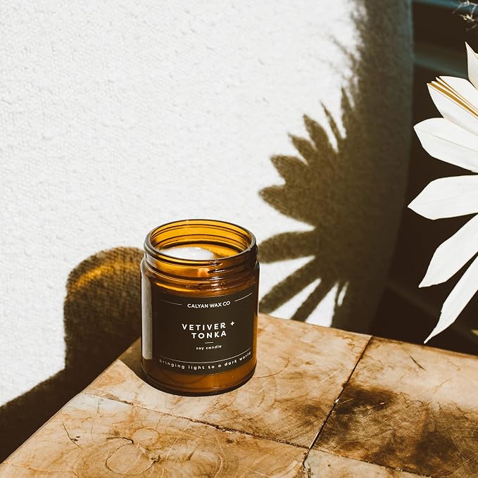Calyan Wax Co. Vetiver & Tonka Scented Candle - 57 Hour Burn - Luxury Clean Soy Wax Candles - Long Lasting Amber Glass Jar Candle for Home - 7.2oz