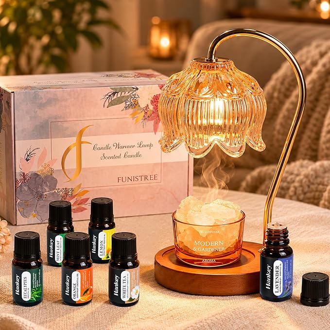 Funistree Flower Candle Warmer Lamp with Essential Oils Gift Set, Dimmable Candle Lamp Warmer with Timer, Wax Melter Lamp with Diffuser Stones, Christmas Birthday Gifts for Women Mom Wife Her