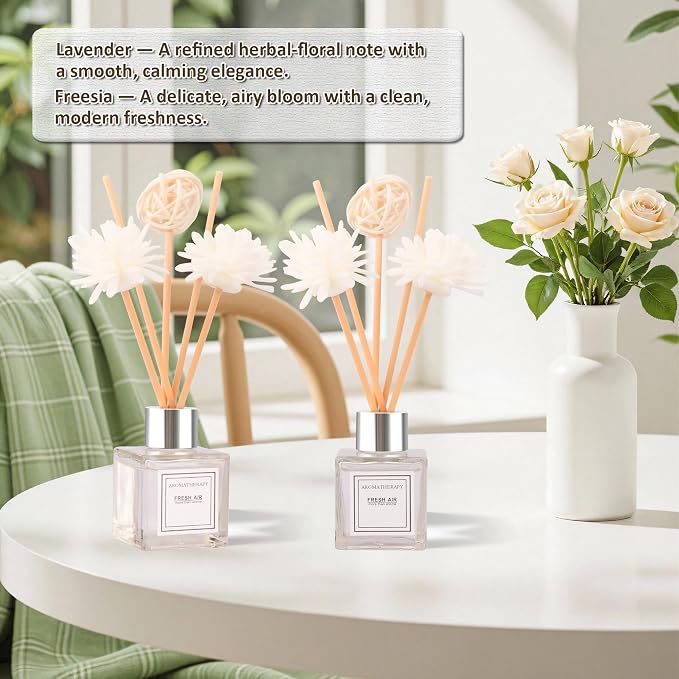 Reed Diffuser Set of 2, Lavender & Freesia Scent Oil Diffuser with Sticks for Home Fragrance, Office Living Bedroom Decor, Bathroom Decor and Accessories, Air Fresheners Gift Set, 1.7 fl oz/50ml x 2