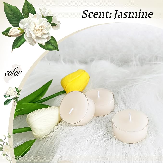 Jasmine Scented Tealight Candles, White Scent Tea Lights Candles Clear Cup, 24 Pack Colored Tealights Candle, 6 Hour Burn Time Tea Candles for Party, Decor, Spa, Shabbat