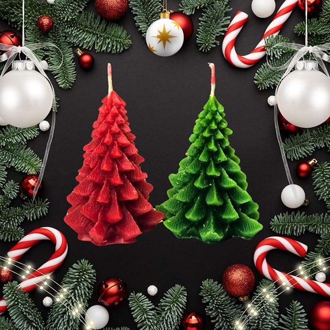 Christmas Tree Shaped Candle Set – Red & Green Unscented Decorative Holiday Candles, Pine Tree Design for Christmas Decor, Winter Table Centerpieces, Gifts – Handmade Wax Candles (2 Pack)