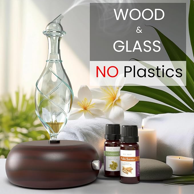 ArOmis Premium Glass Essential Oils Nebulizer - Waterless Diffuser for Aromatherapy - Handmade Oil Diffuser, Wooden Base, No Plastic, No Heat, No Battery, No LEDs - Orbis Nox Vitis
