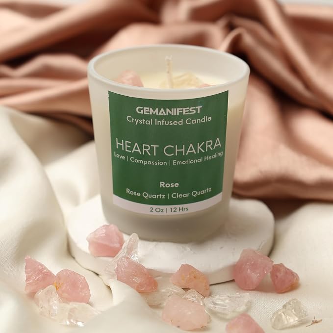 Heart Chakra Candle with Healing Crystals and Rose Quartz Bracelet Rose Scented Crystal Candle for Love Compassion and Emotional Healing Self Care Gifts for Women Meditation Gifts