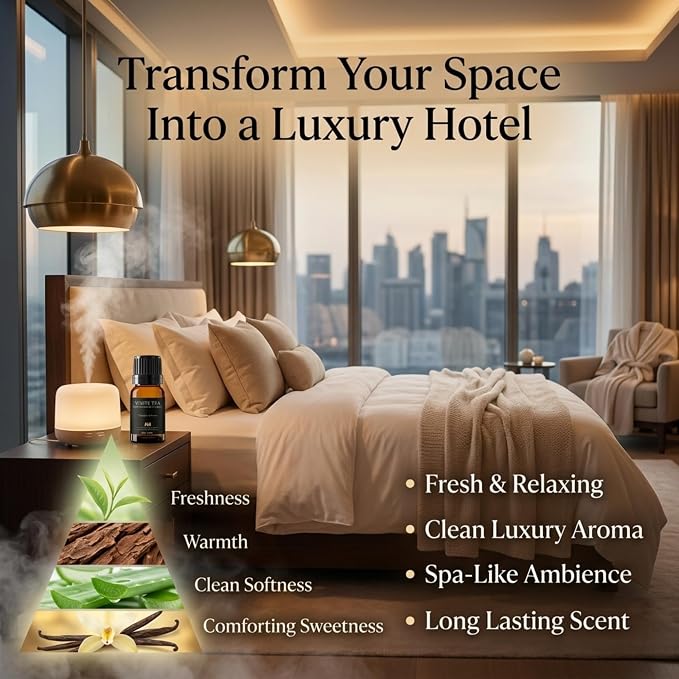 Hotel Diffuser Oil Inspired by The White Tea Hotel Scent - Home Luxury Scents - Premium Fragrance Oil for Ultrasonic and Waterless Diffusers and Crafting - 10 mL, 0.34 fl oz Glass Dropper Bottle