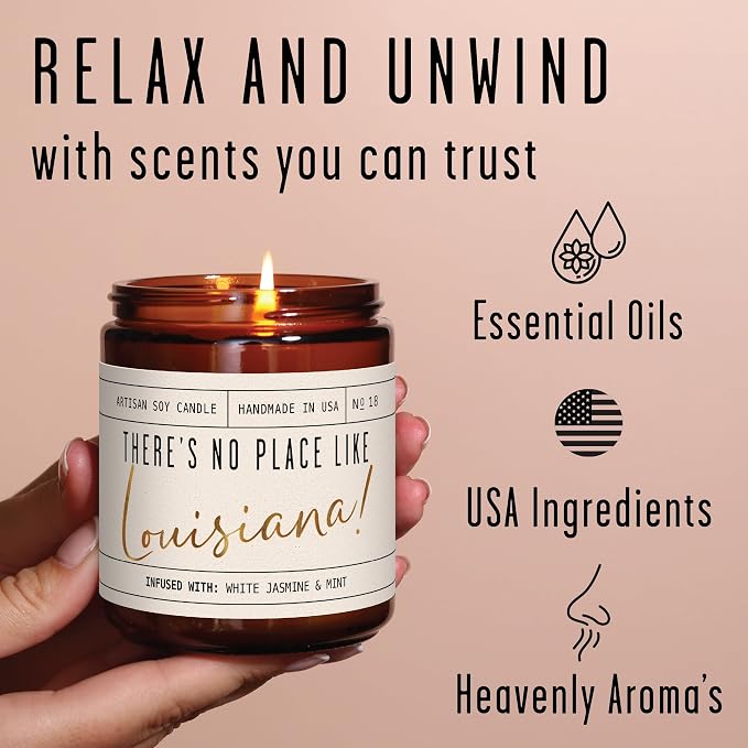 Louisiana Gifts, Louisiana Decor for Home - 'There's No Place Like Louisiana Candle, w/White Jasmine & Mint I Louisiana Souvenirs I Louisiana State Gifts I 9oz Jar, 50Hr Burn, USA Made