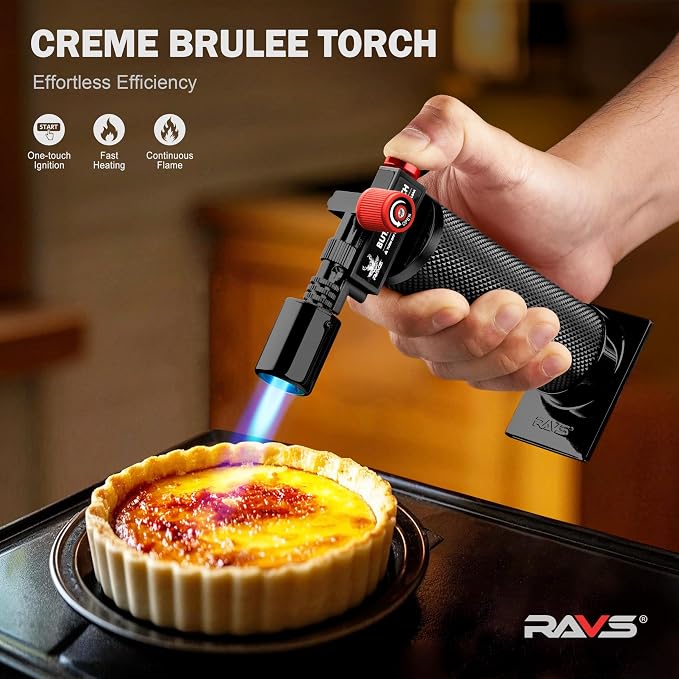 RAVS Butane torch, Kitchen Torch Lighter with Adjustable Flame & Safety Buckle, Creme Brulee Torch for Cooking, Dessert, Baking, Gifts for Men and Women (Black/Red), Butane Gas Not Included