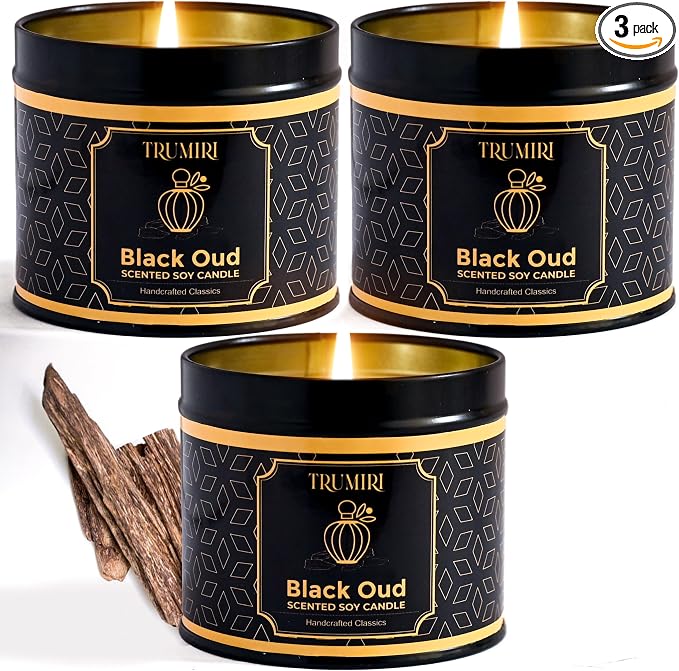 Black Oud Candle Highly Scented Soy Candel Natural Non Toxic Velas Aromáticas Gift for Men 5Oz Decorative Tin Jars with Lids Pack of 3