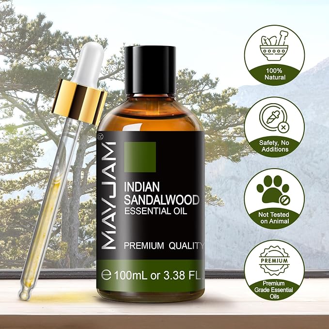 MAYJAM Indian Sandalwood Essential Oils 3.38 FL.OZ Pure Indian Sandalwood Oil for Massage Skin Care Hair Care Diffuser Candle and Soap Making - 100ml